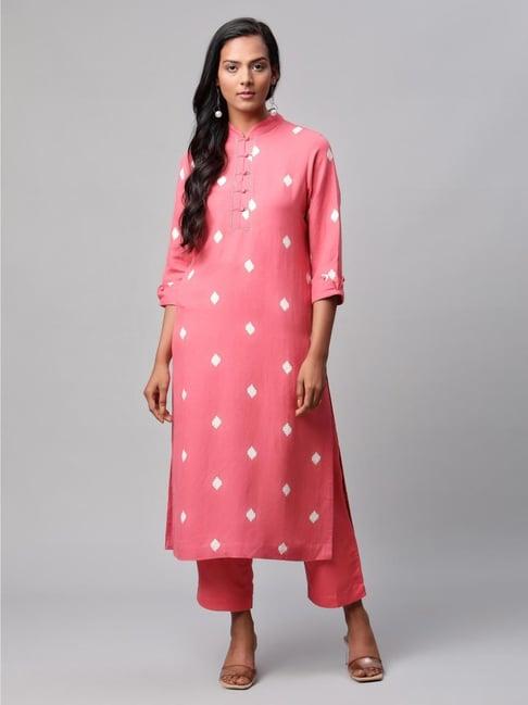 linen club women pink printed kurta set