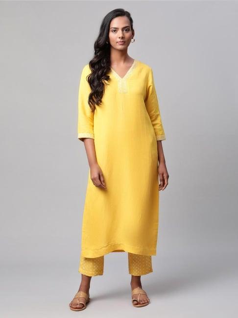 linen club women yellow embroidered kurta set