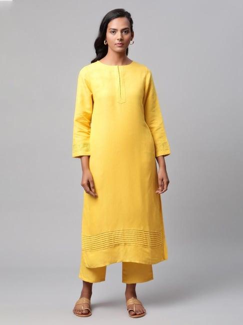 linen club women yellow kurta set