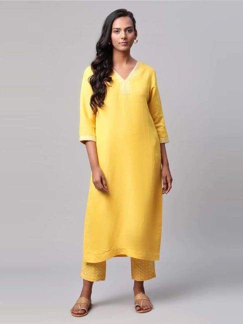 linen club yellow printed kurta set
