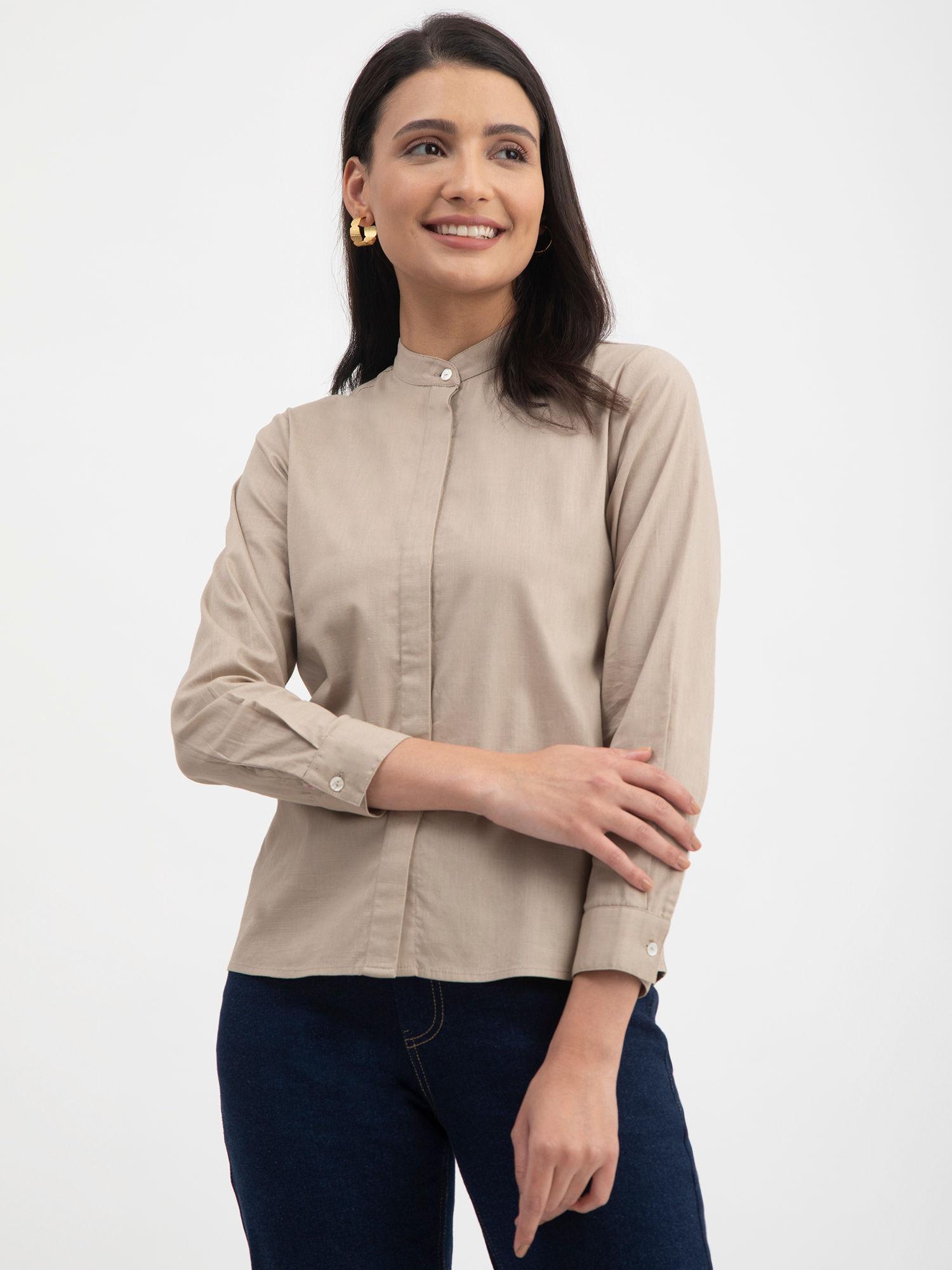 linen concealed placket shirt beige