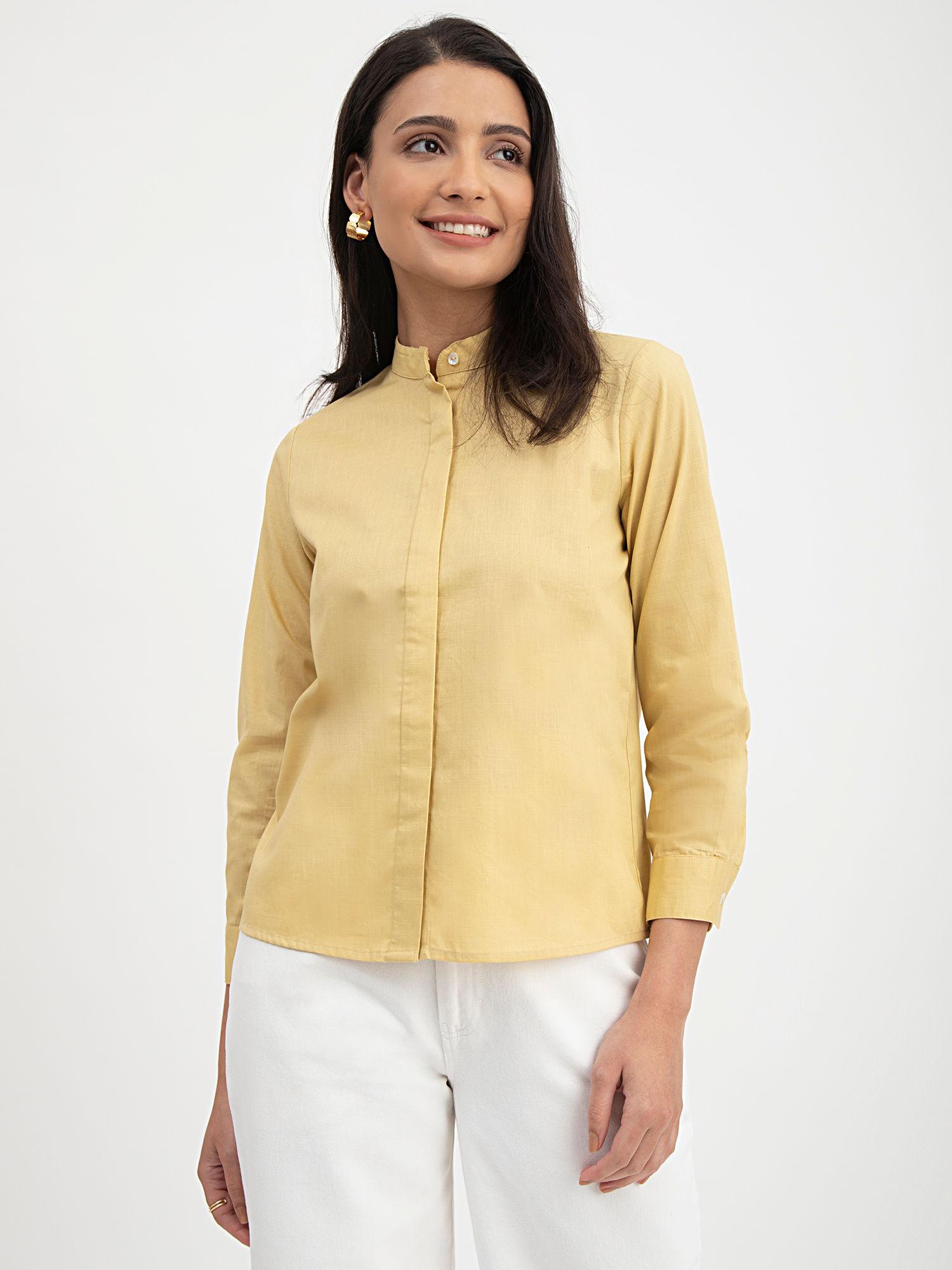 linen concealed placket shirt yellow