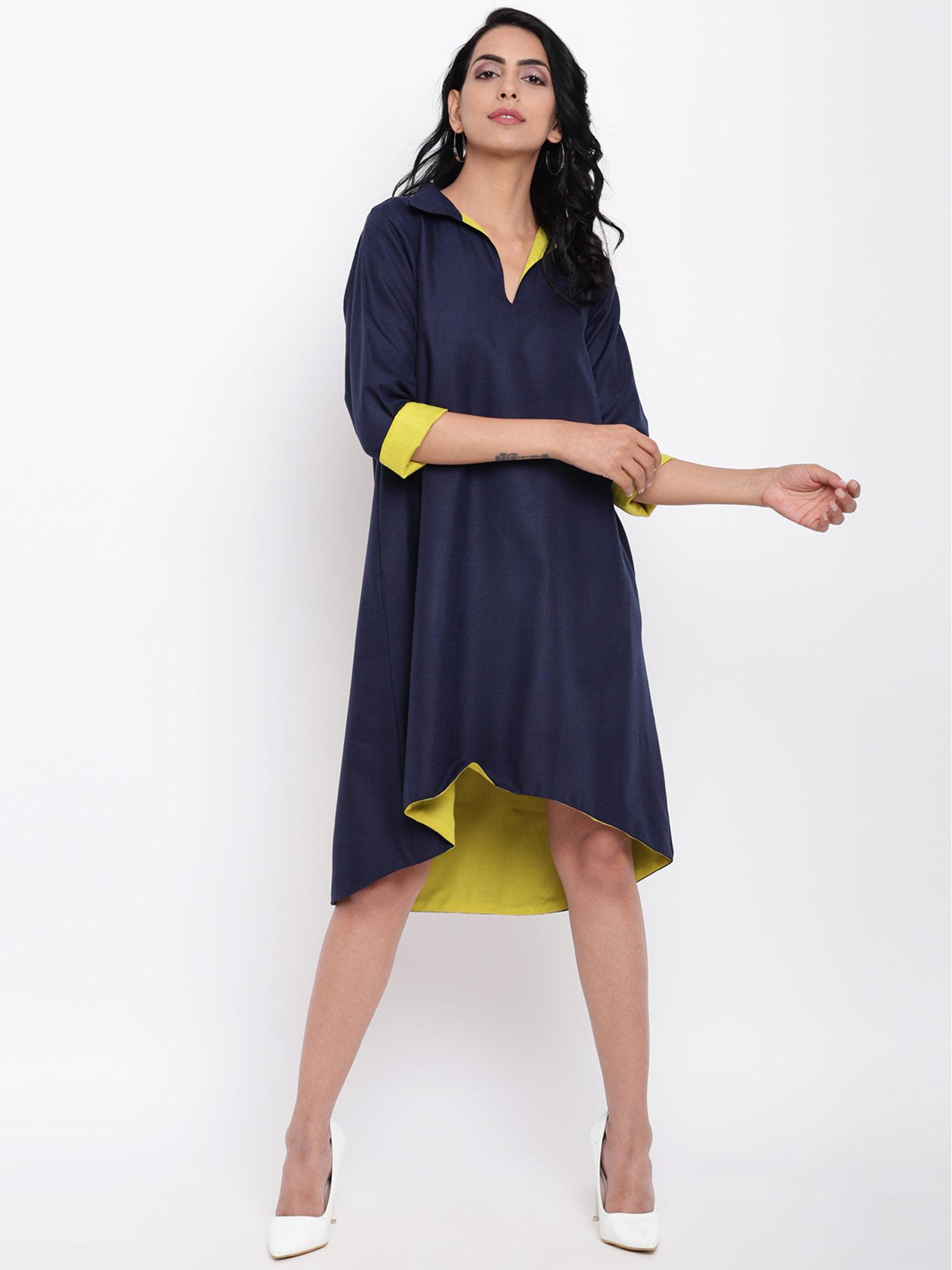 linen cotton navy blue collared dress