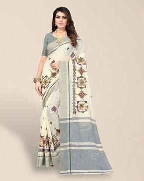 linen cotton thread embroidered saree