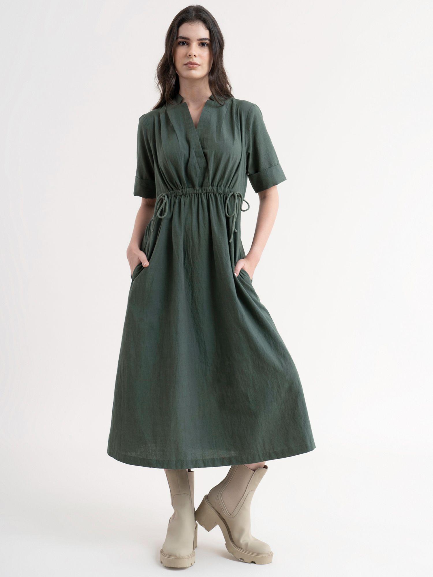 linen dress with elasticated waist - olive