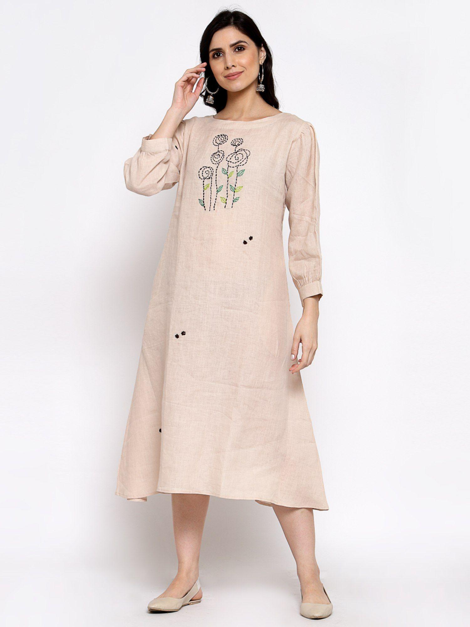 linen dress with hand embroidery on it -beige