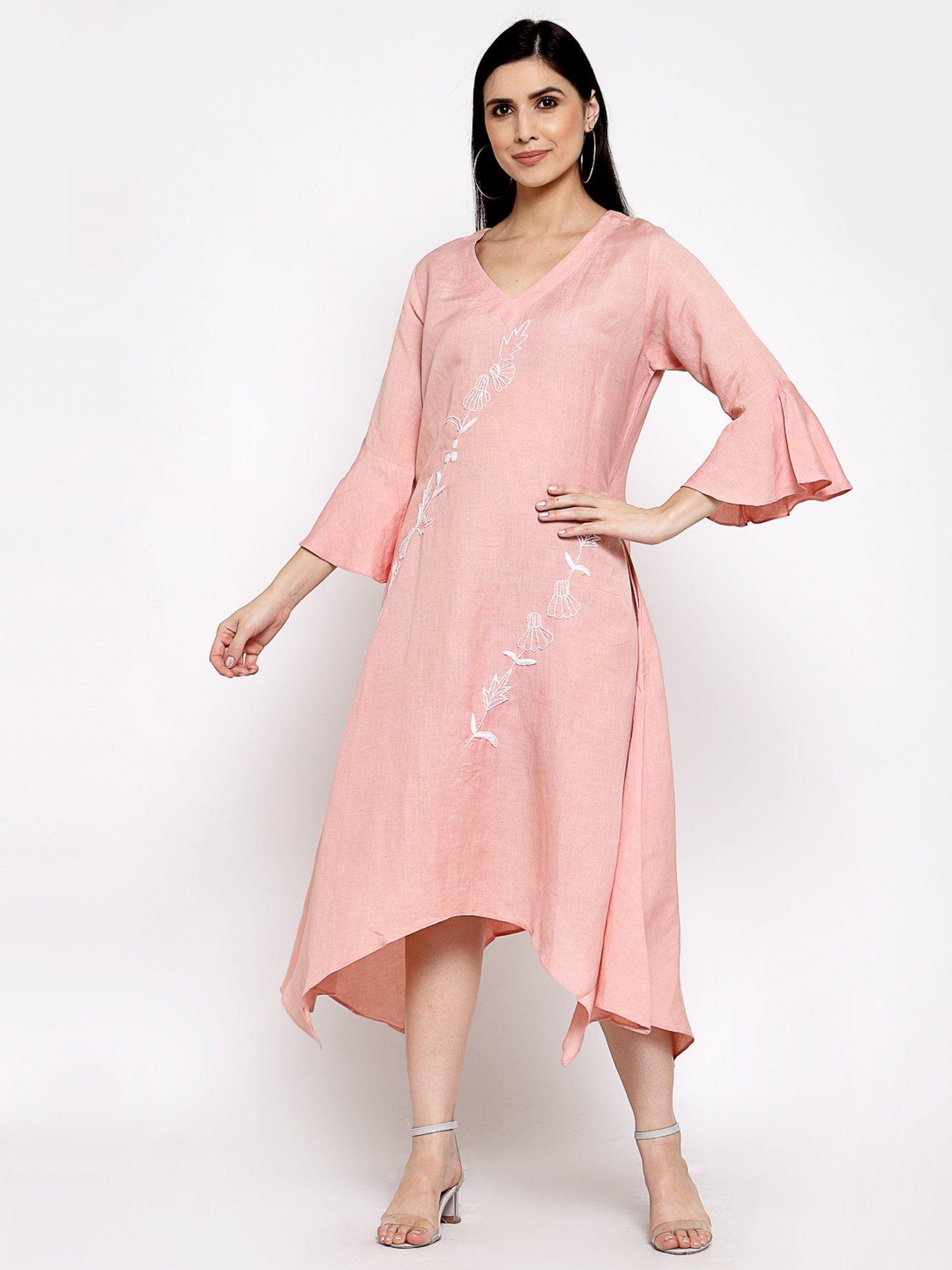 linen dress with hand embroidery on it -peach