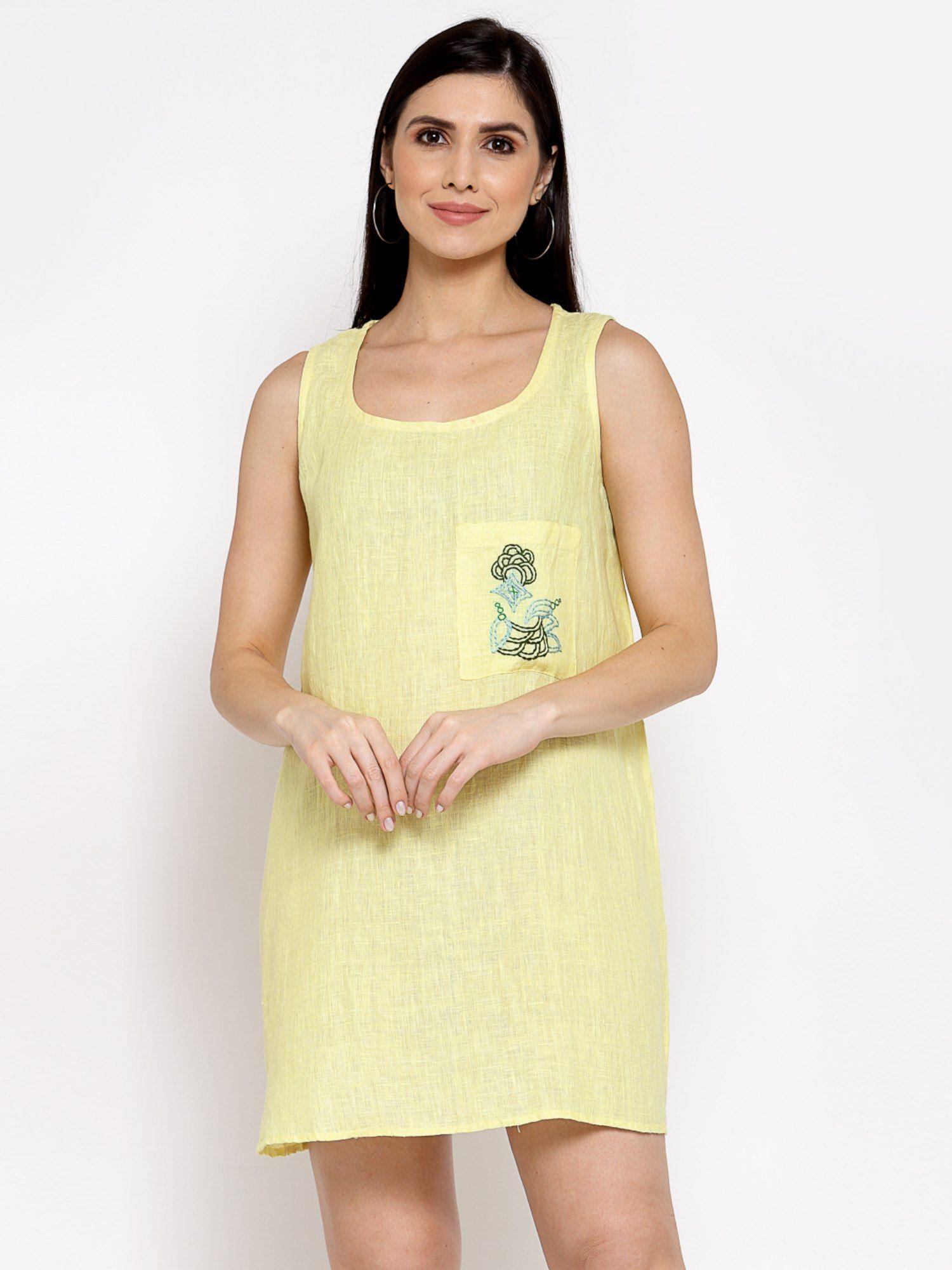 linen dress with hand embroidery on it -yellow