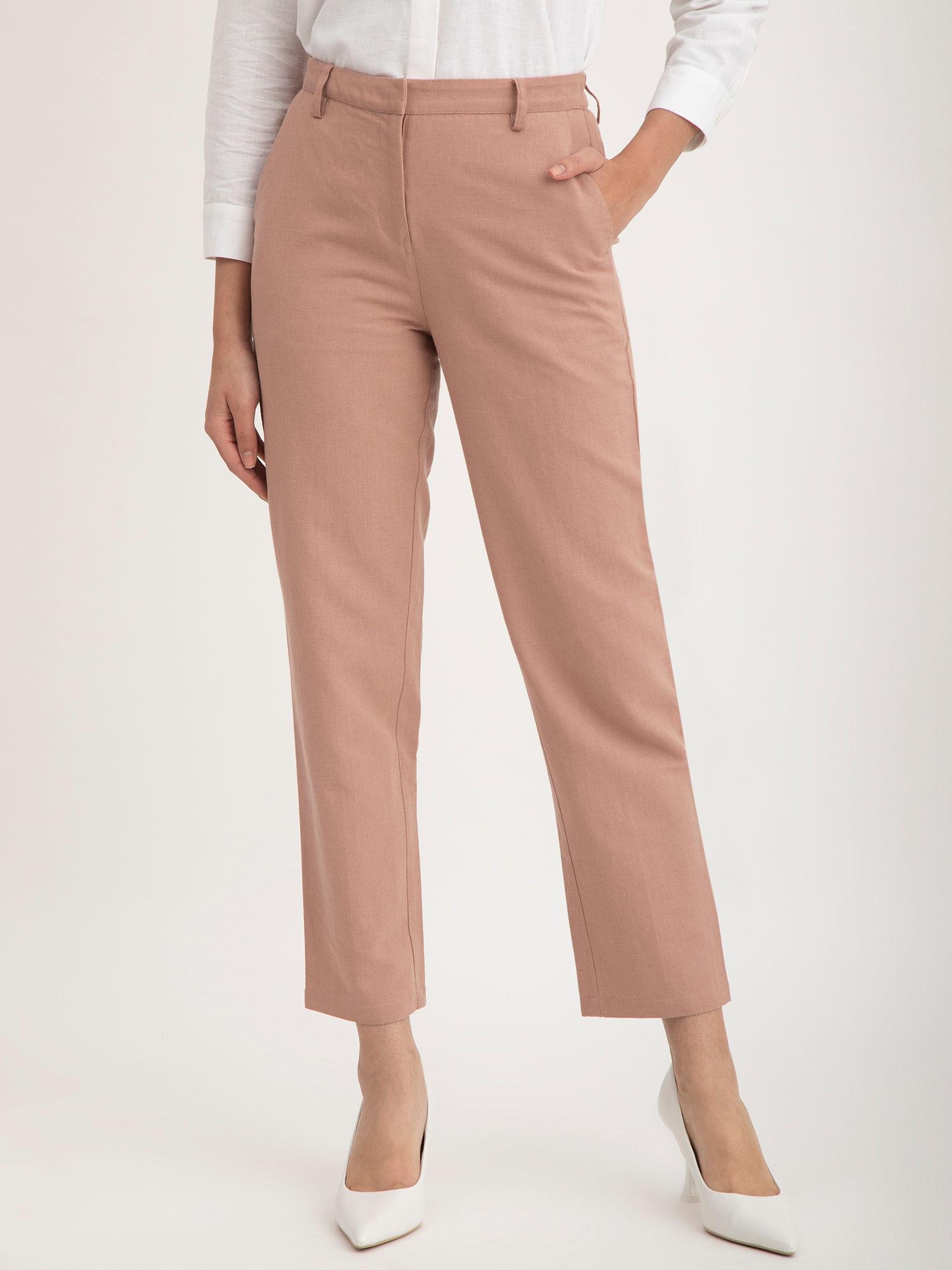 linen elasticated straight fit pant - dusty pink