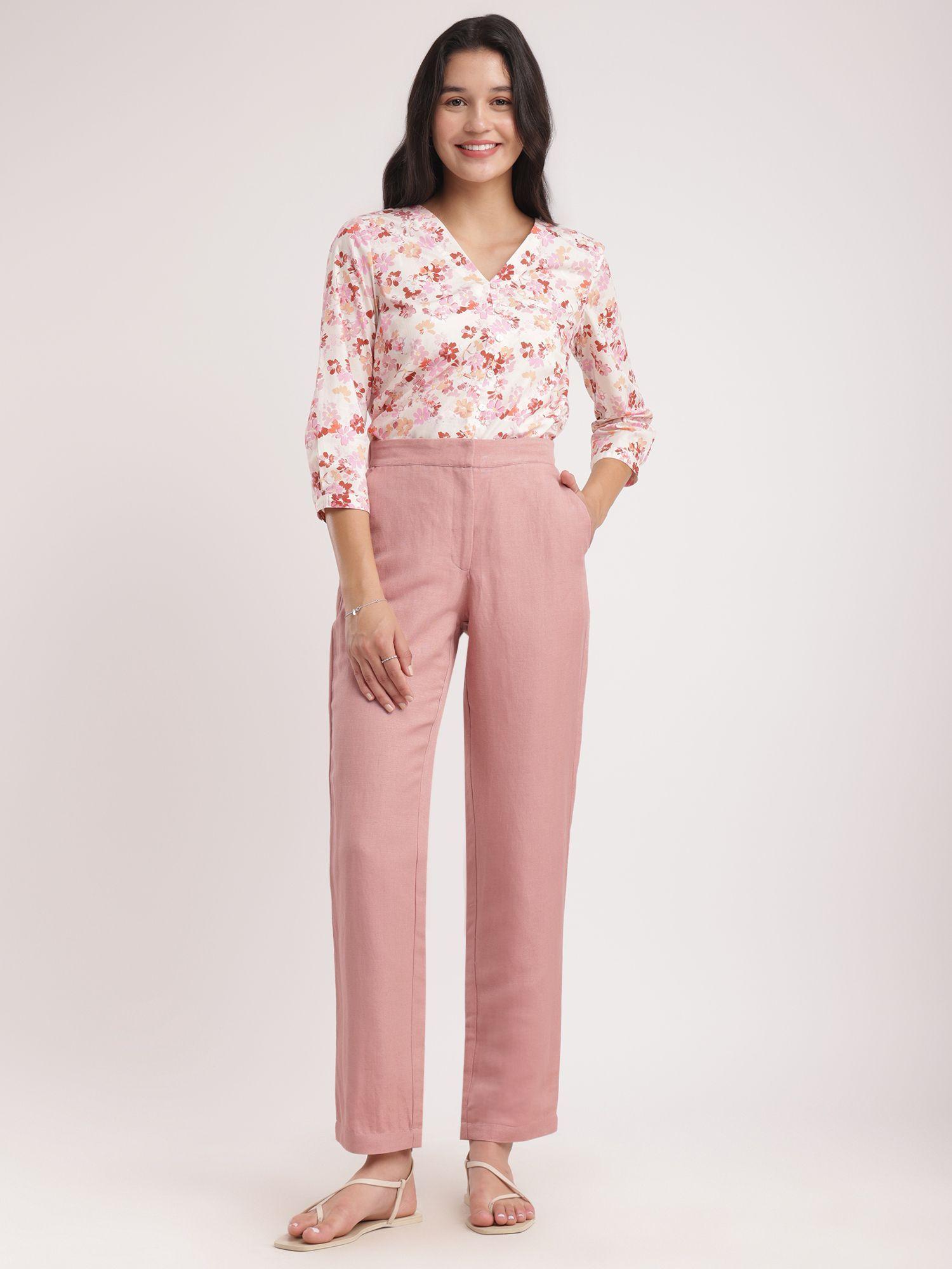 linen elasticated straight fit pant - dusty pink