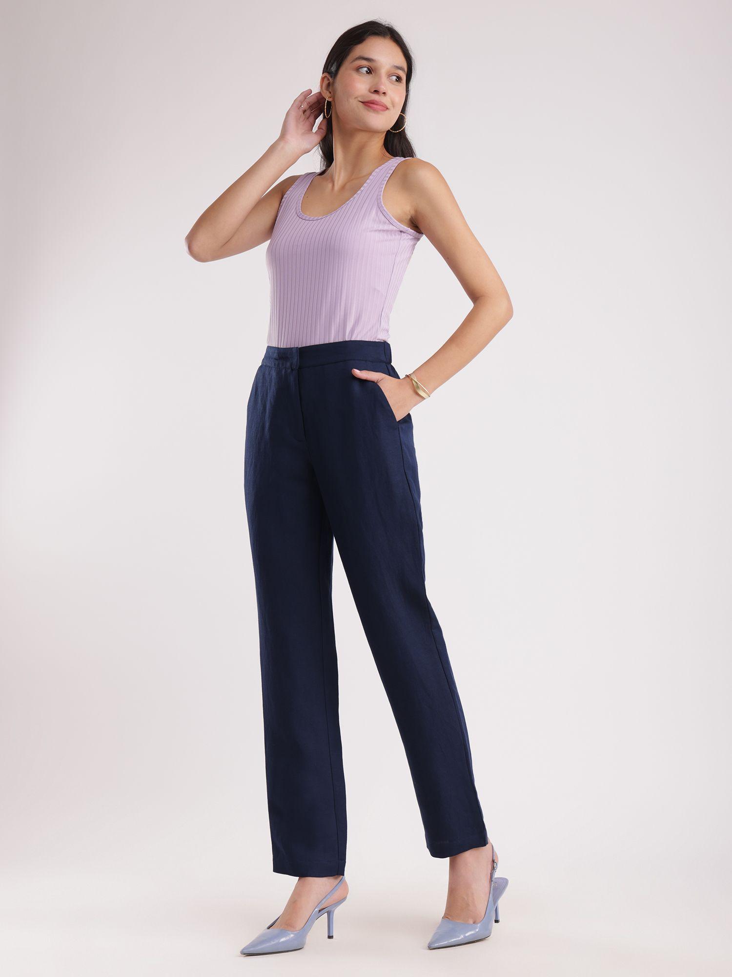 linen elasticated straight trouser - navy blue