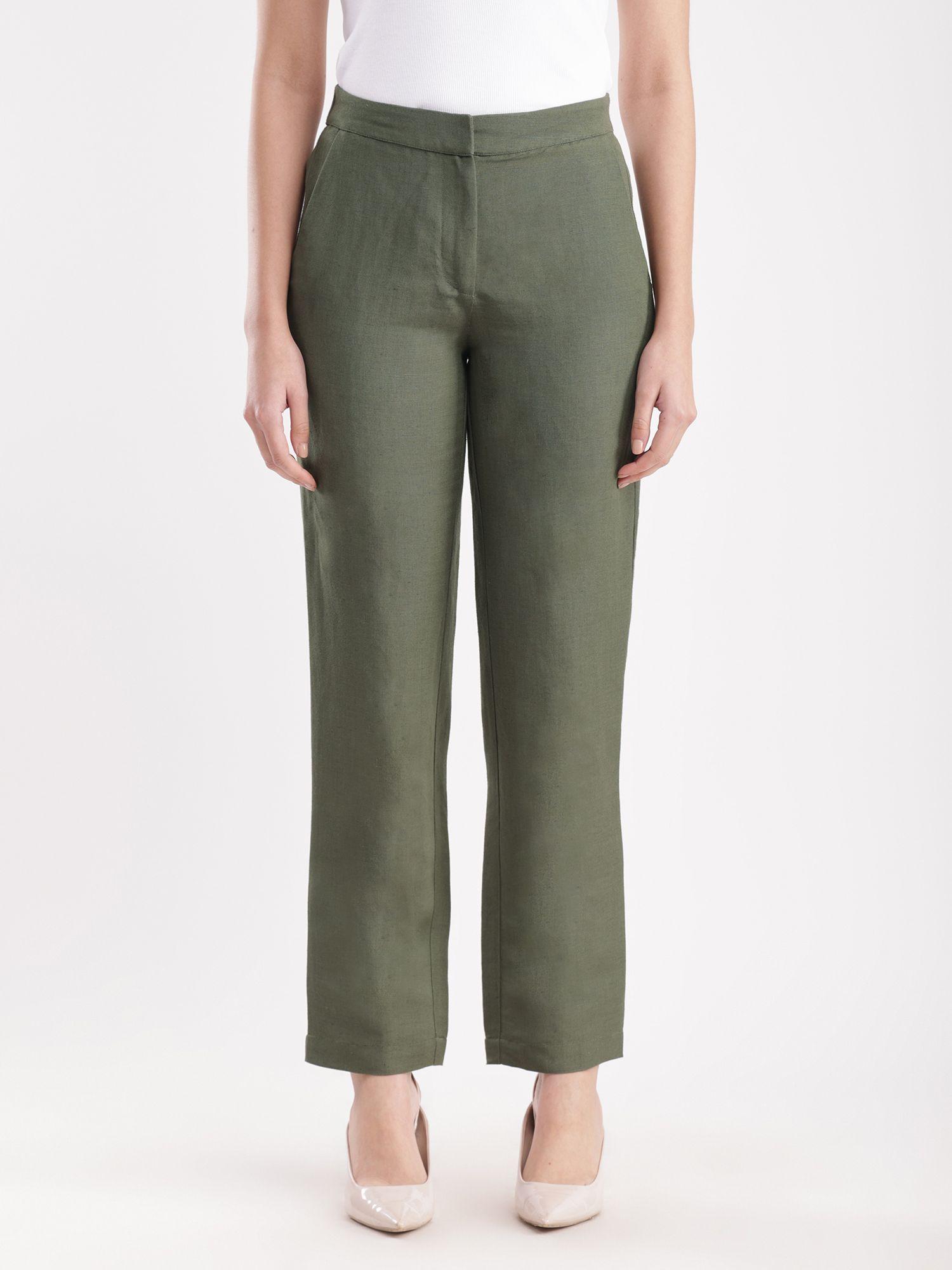 linen elasticated straight trouser - olive