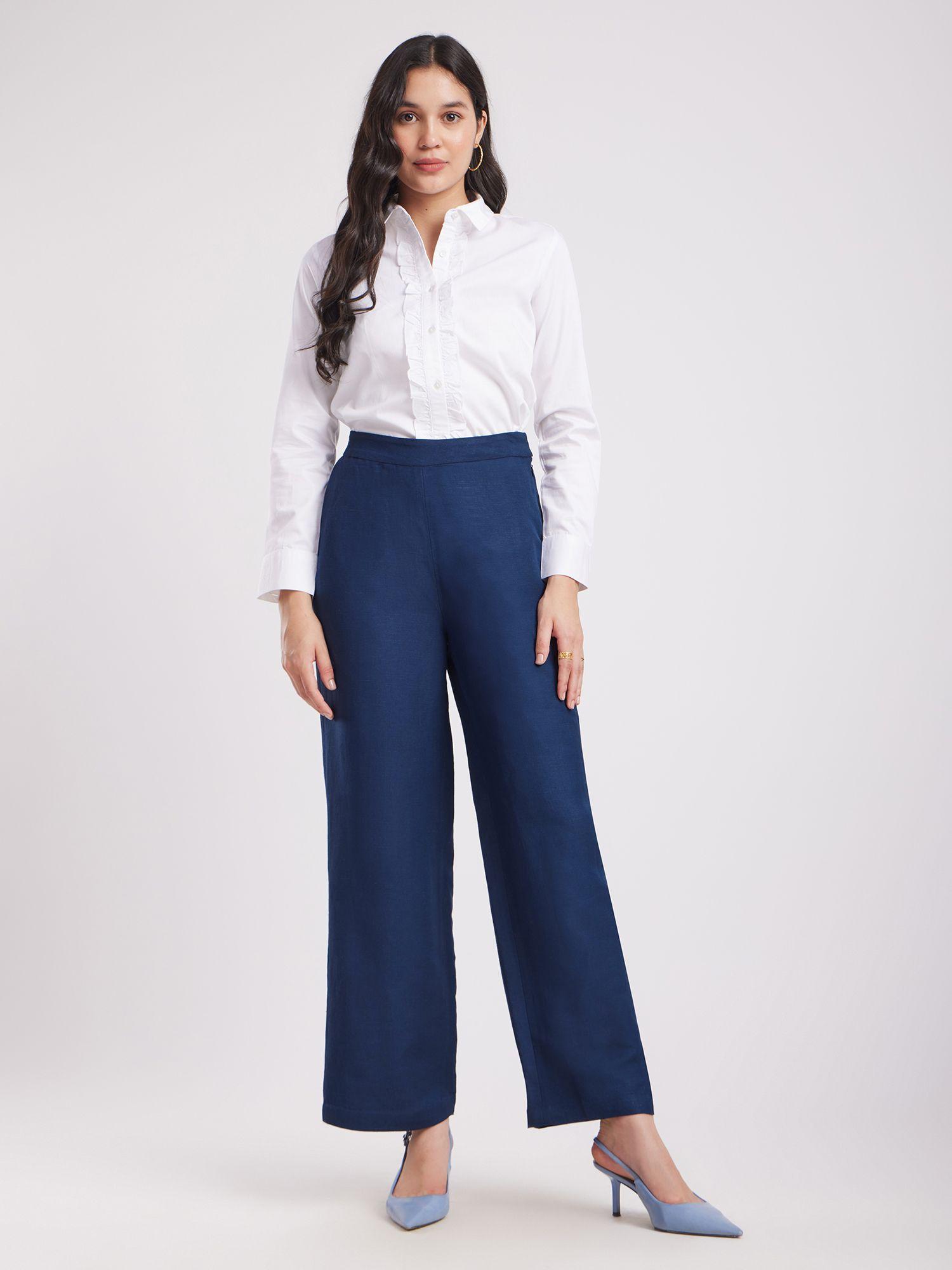 linen elasticated wide leg trousers - navy blue