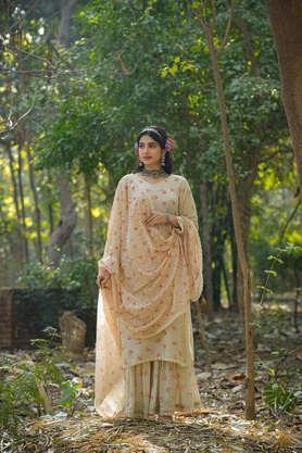 linen floral print kurta sharara dupatta set - off white