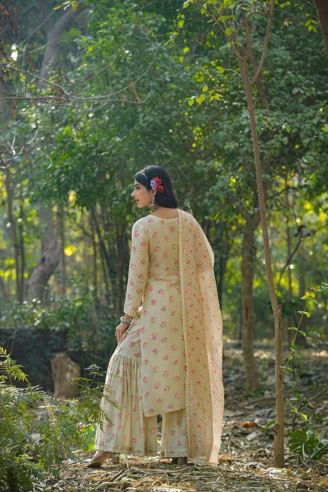 linen floral print kurta sharara dupatta set