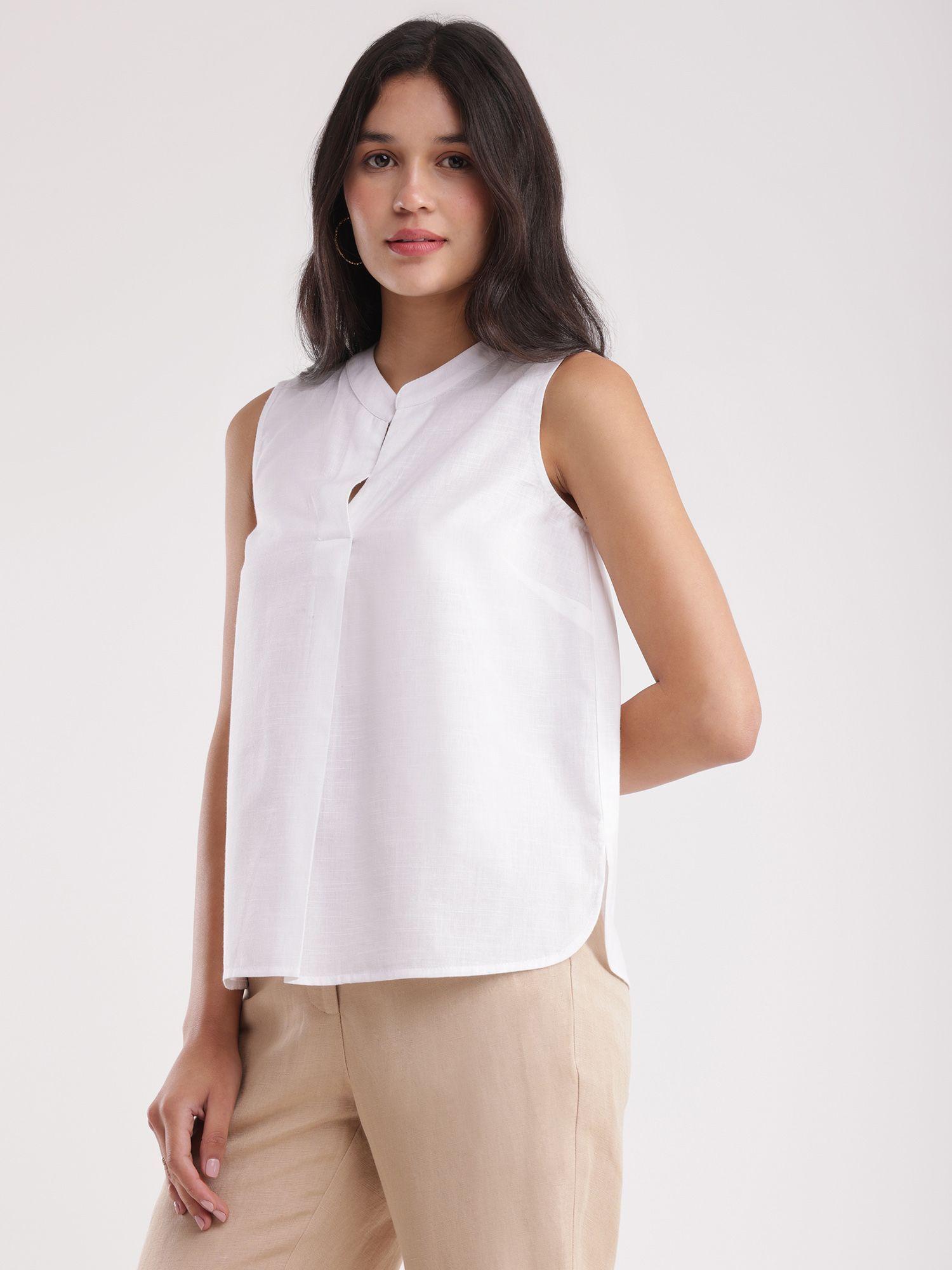 linen front pleat top - white