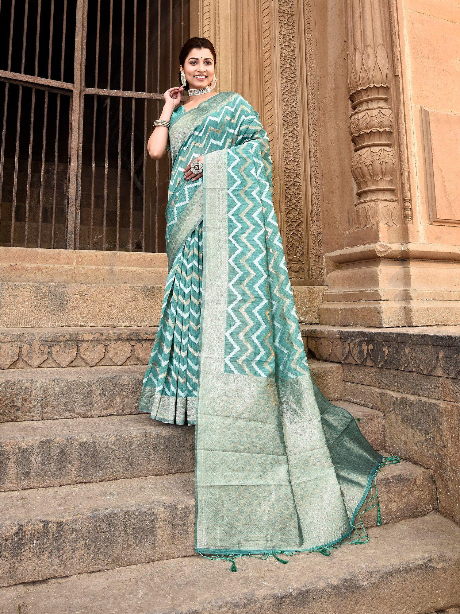 linen ikkat zig zag jacquard weaving green saree with unstitched blouse