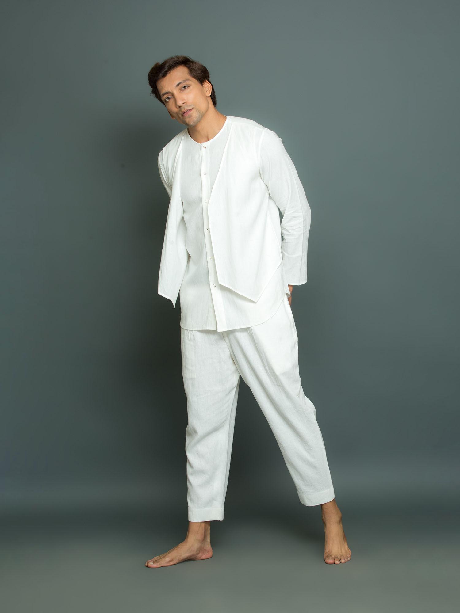 linen kurta with attached front bandi and tieup