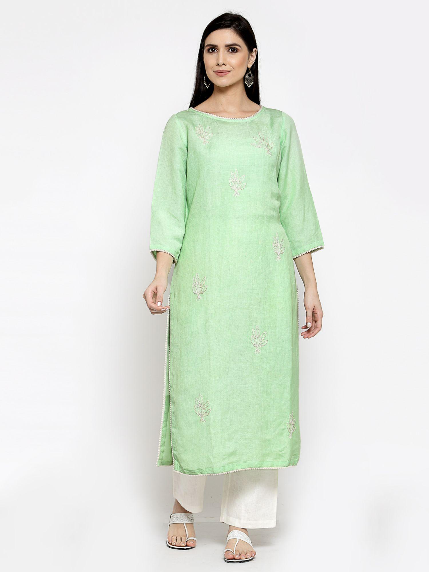 linen kurta with hand embroidery green