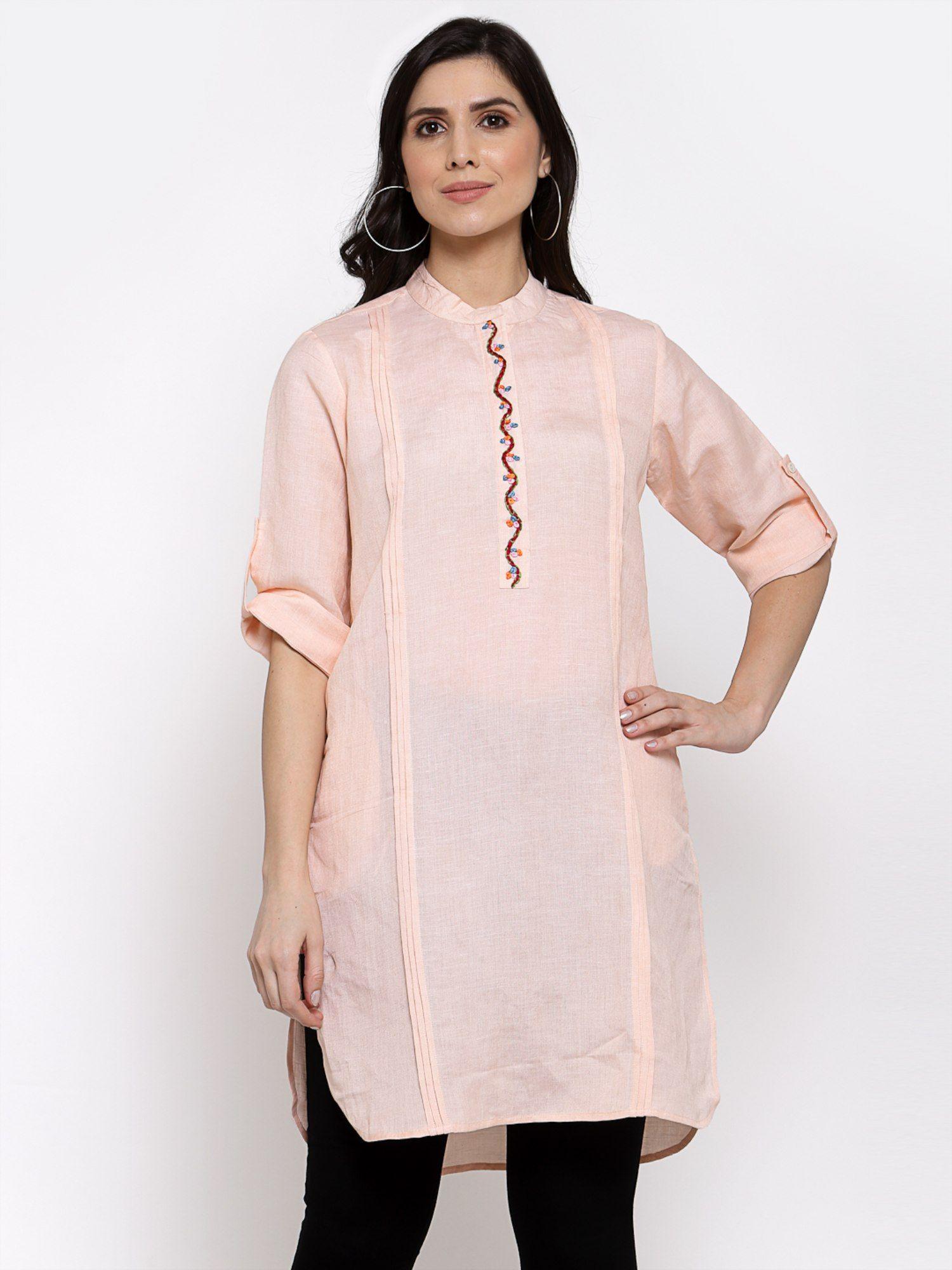 linen kurta with hand embroidery on it -pink