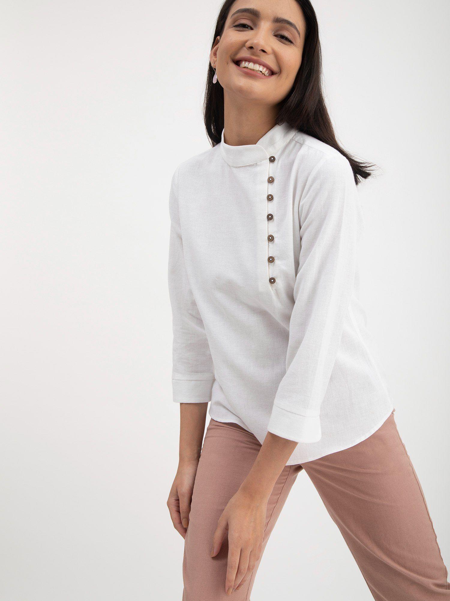 linen mandarin collar top - white