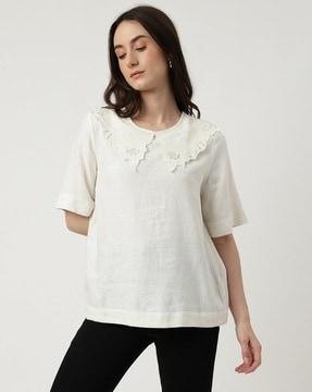 linen mix embroidered round-neck top