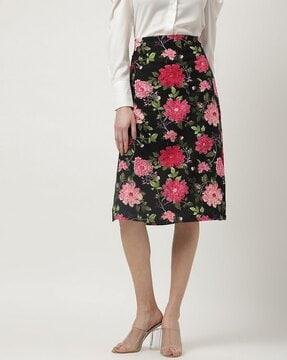 linen mix floral flared fit skirt