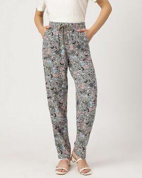 linen mix floral print loose fit trousers