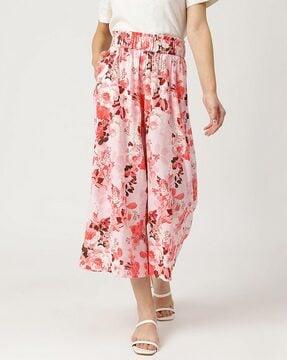 linen mix floral print wide-leg culottes