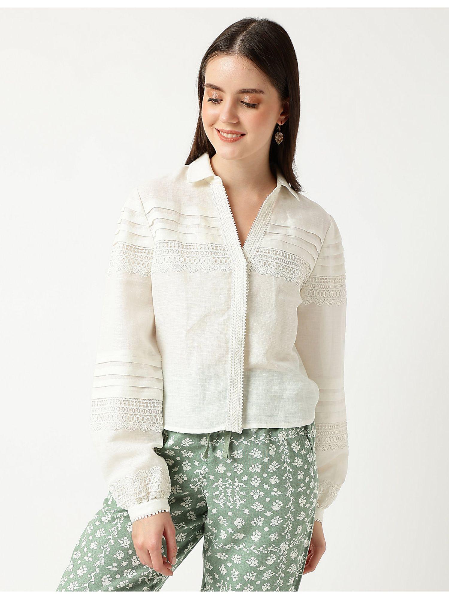 linen mix lace collar neck white blouse