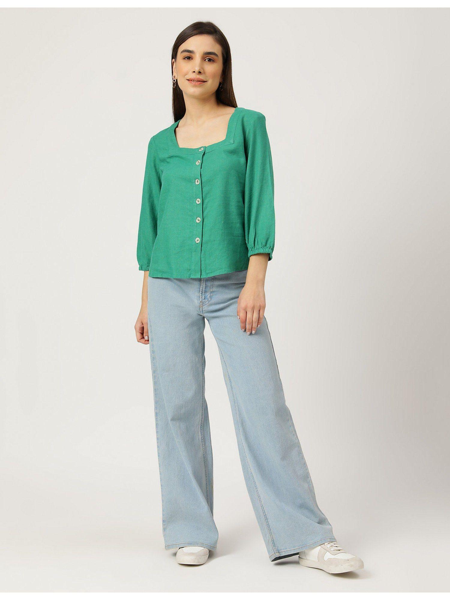 linen mix plain green square neck top