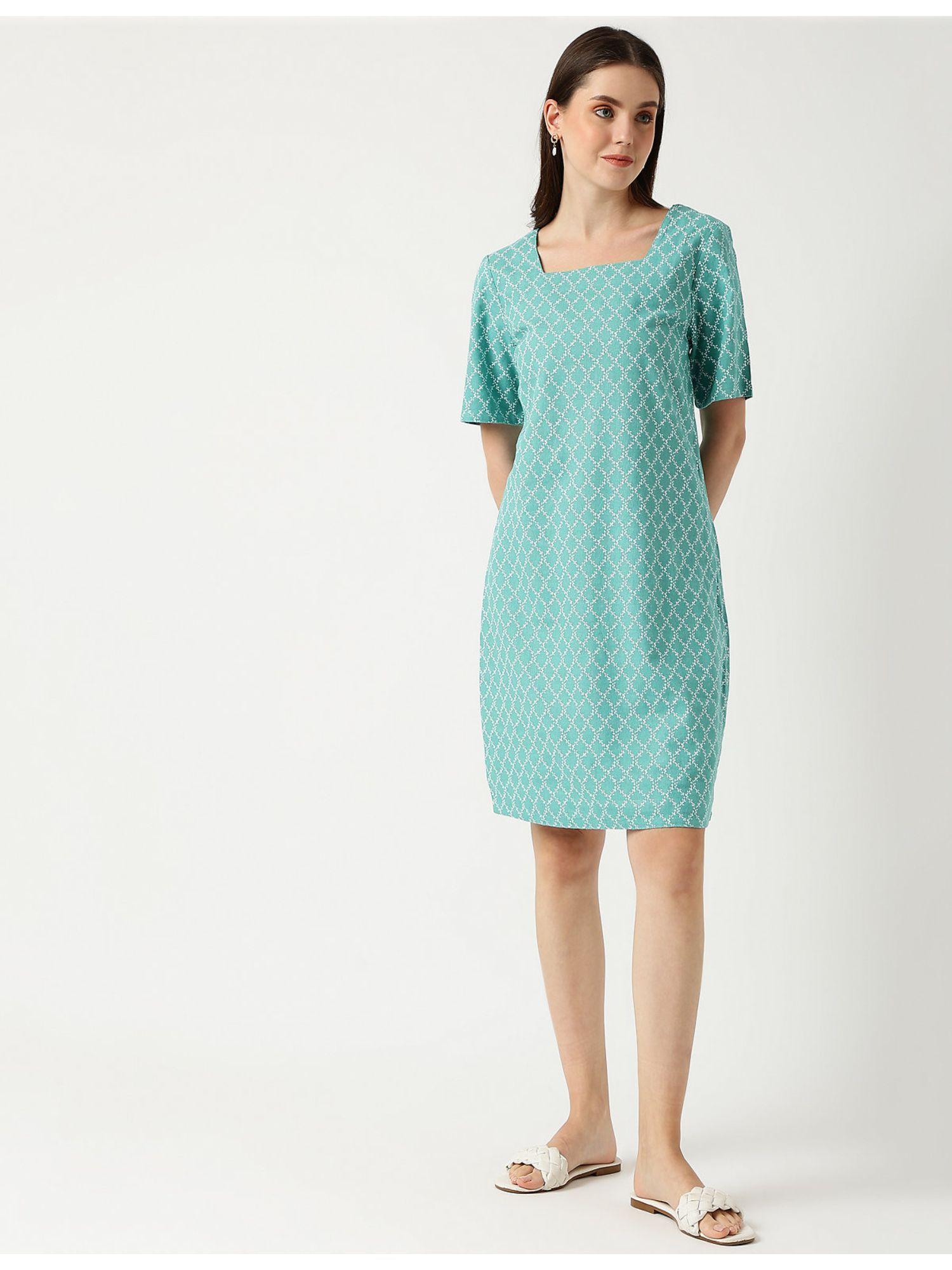 linen mix printed square neck dress