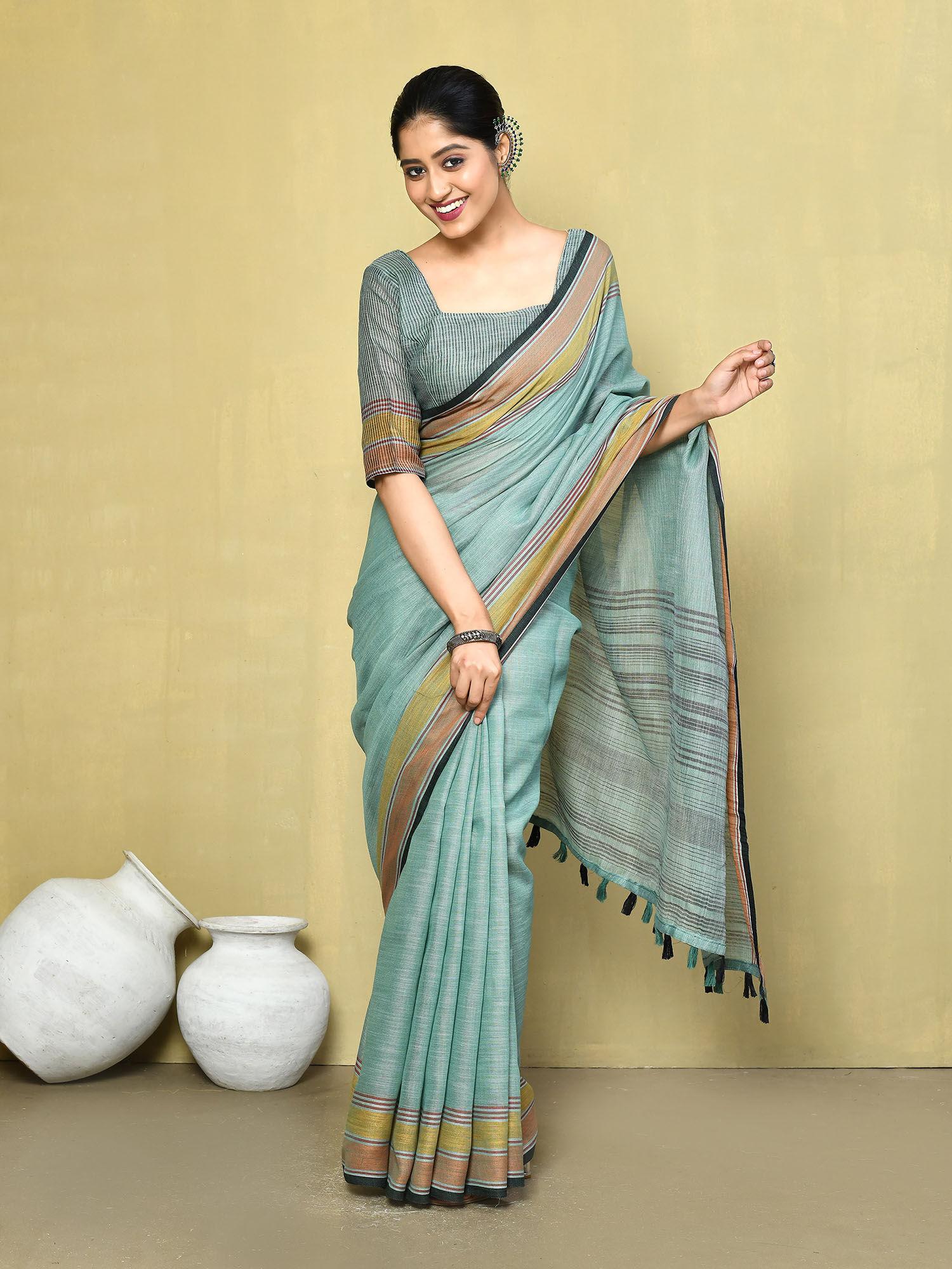 linen plain handloom designer saree with unstitched blouse