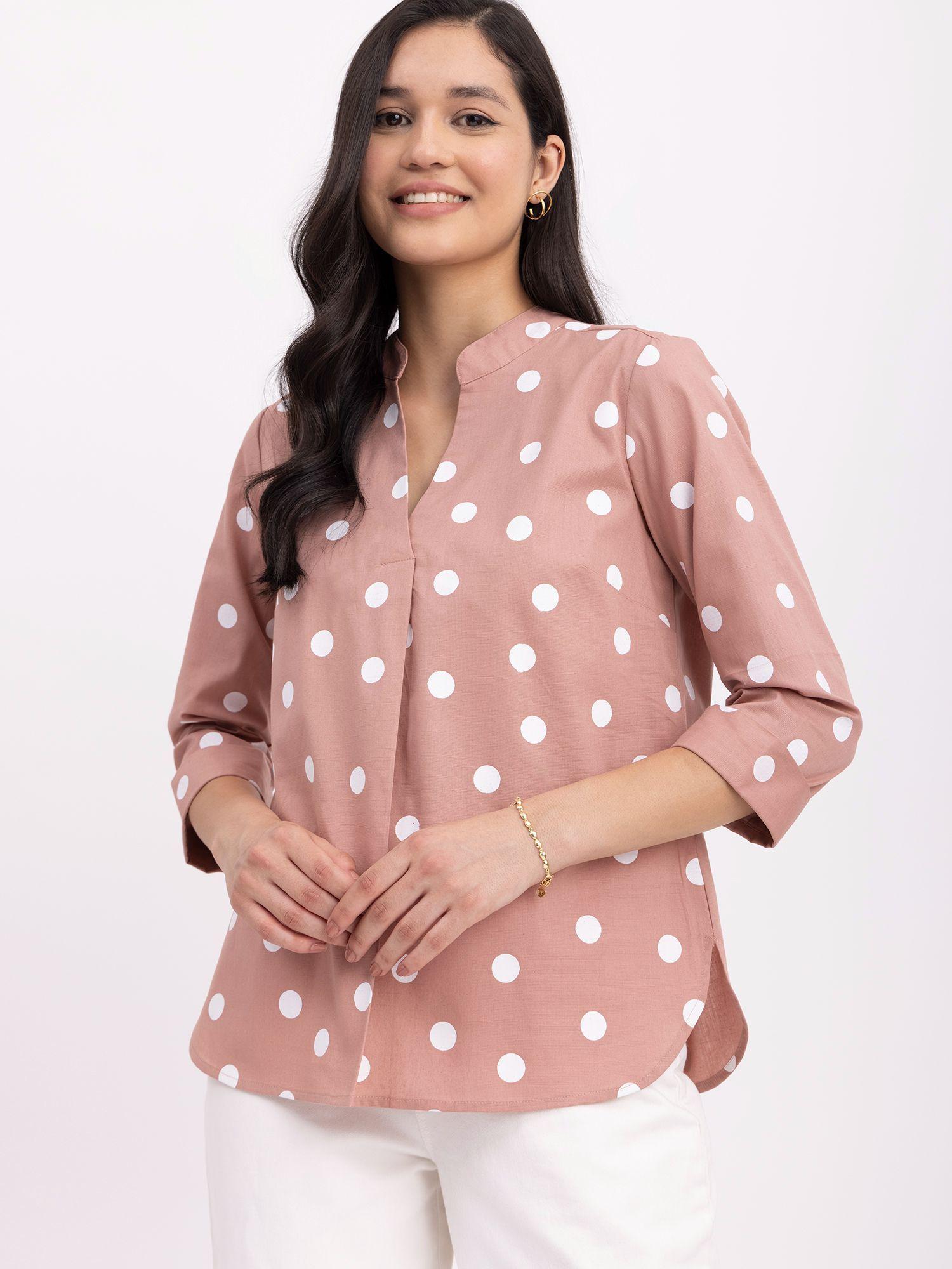 linen polka dot top - pink and white