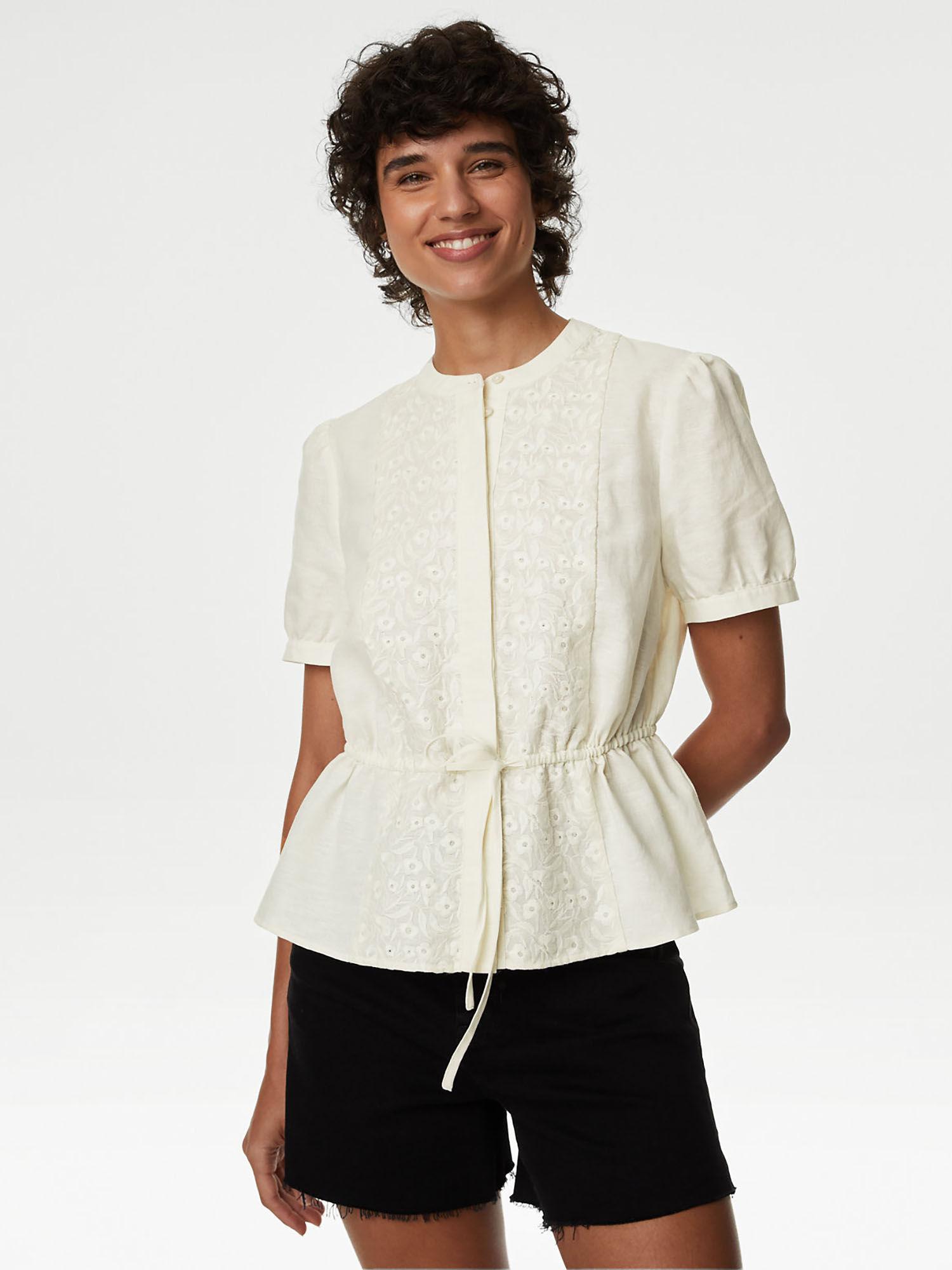 linen rich embroidered high neck blouse