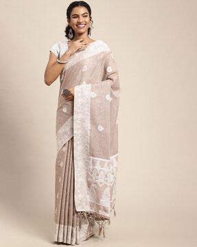 linen saree with leaf woven motifs