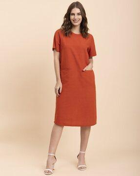 linen shift dress with welt pockets