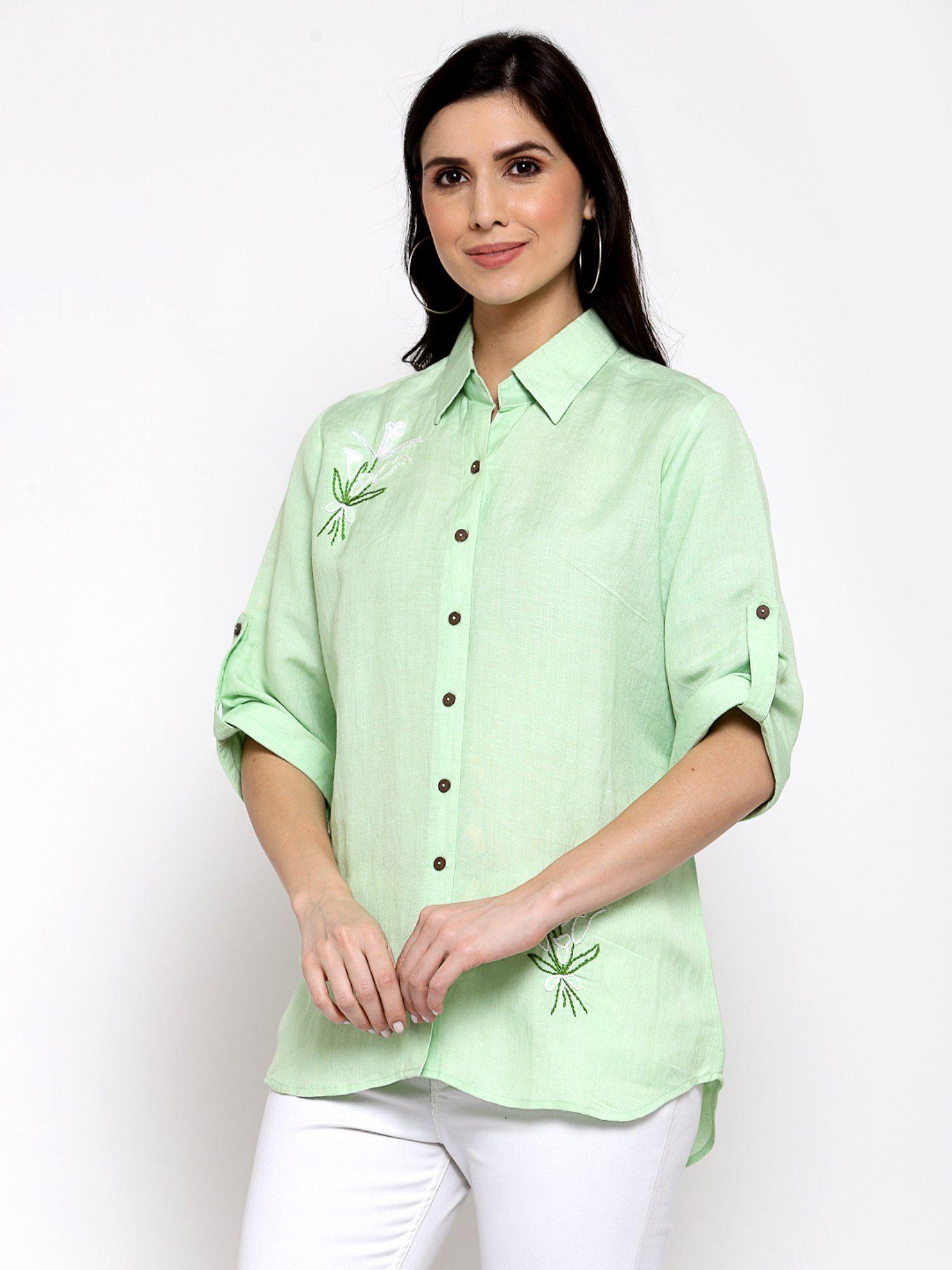 linen shirt with hand embroidery -green