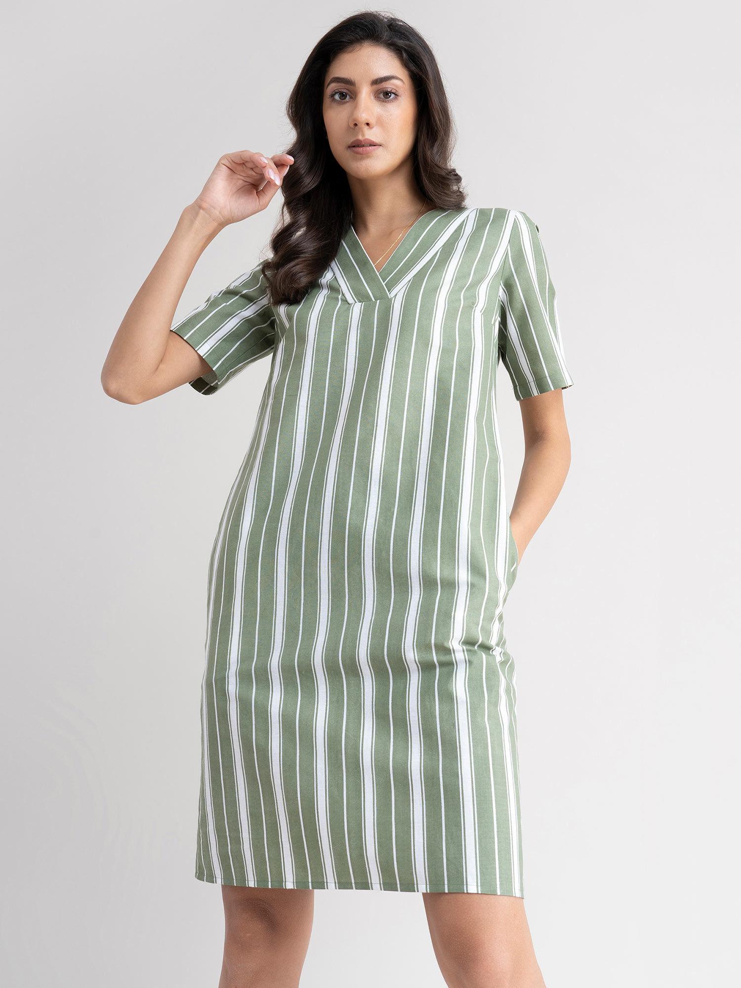 linen striped shift dress - olive