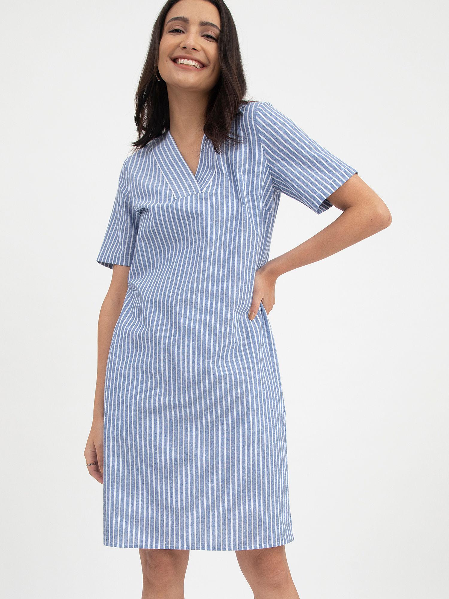 linen striped v neck shift dress - blue and white