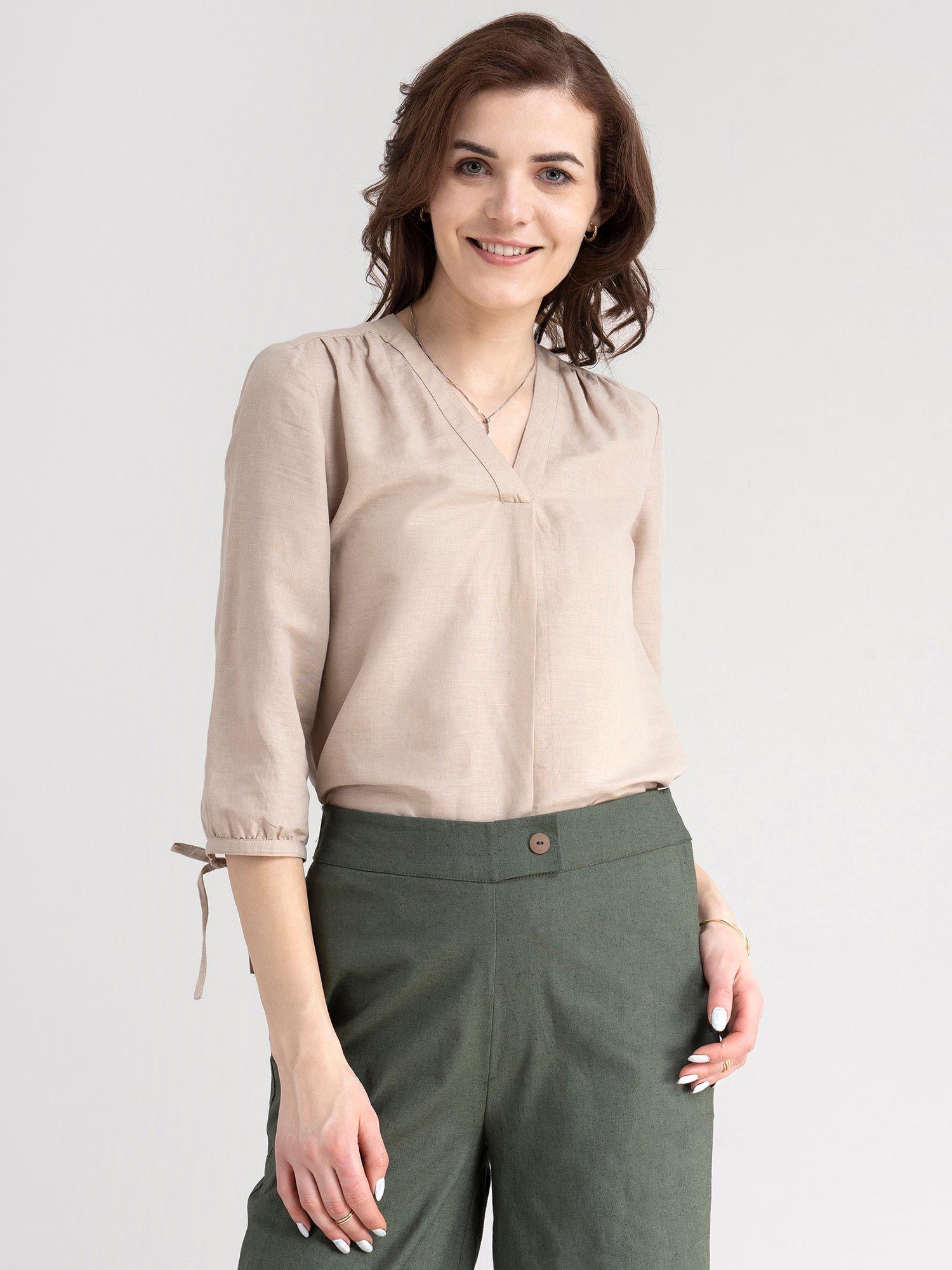 linen tie up sleeve top - beige