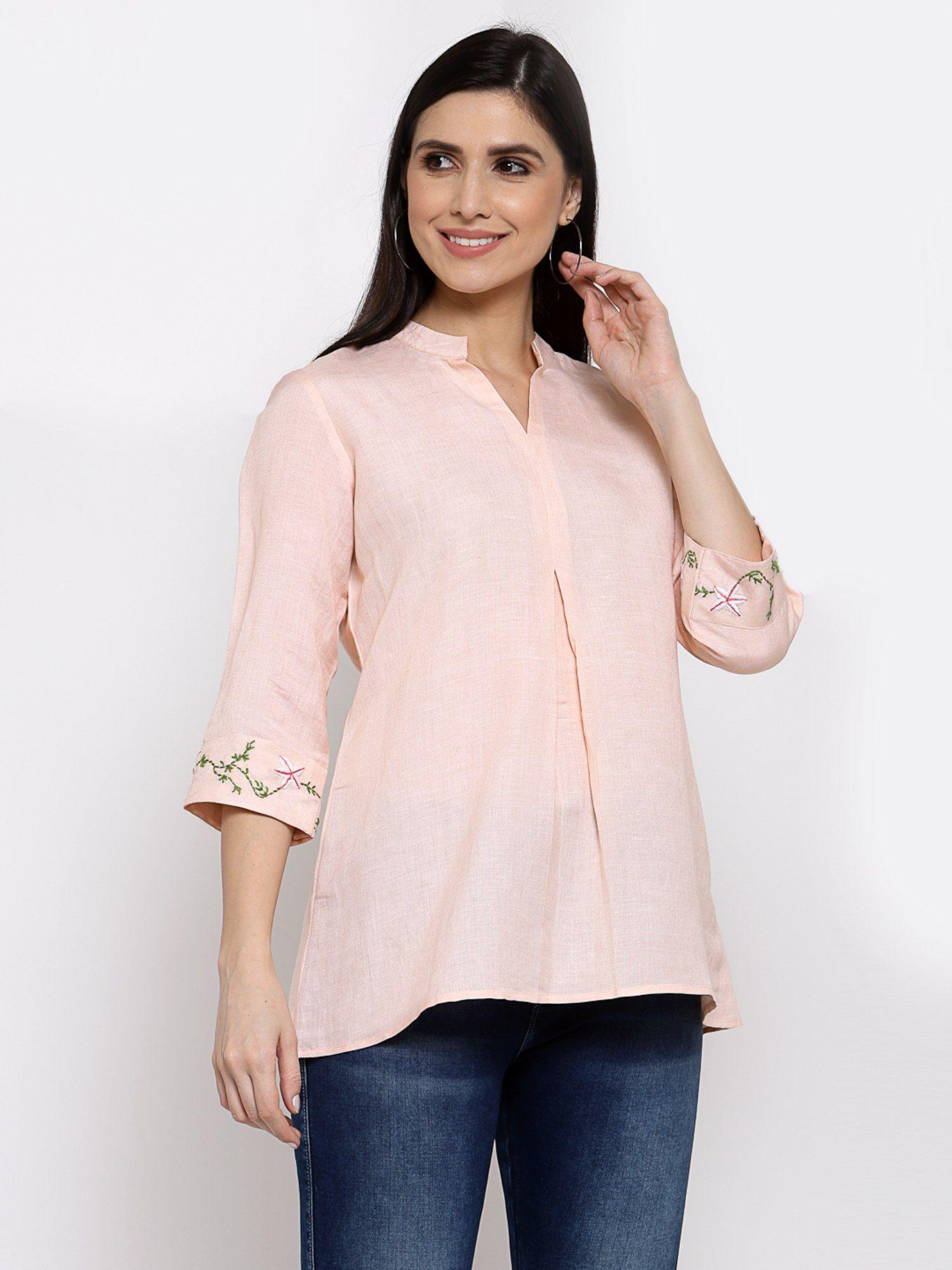 linen top with hand embroidery on it -peach