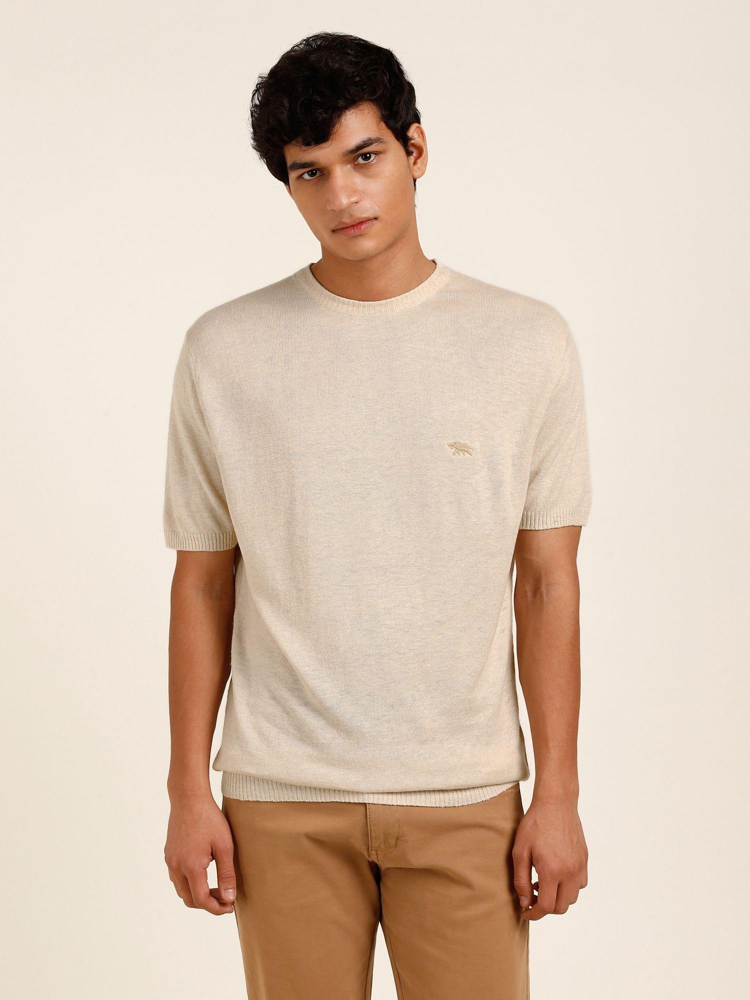 linen viscose knit beige crew neck t-shirt