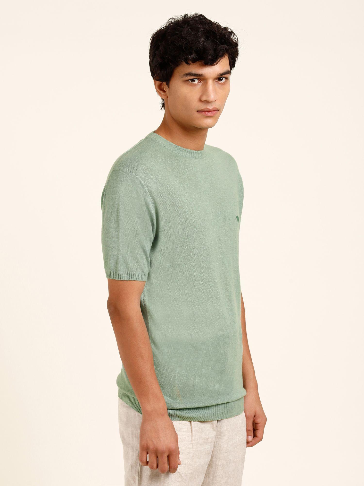 linen viscose knit green crew neck t-shirt