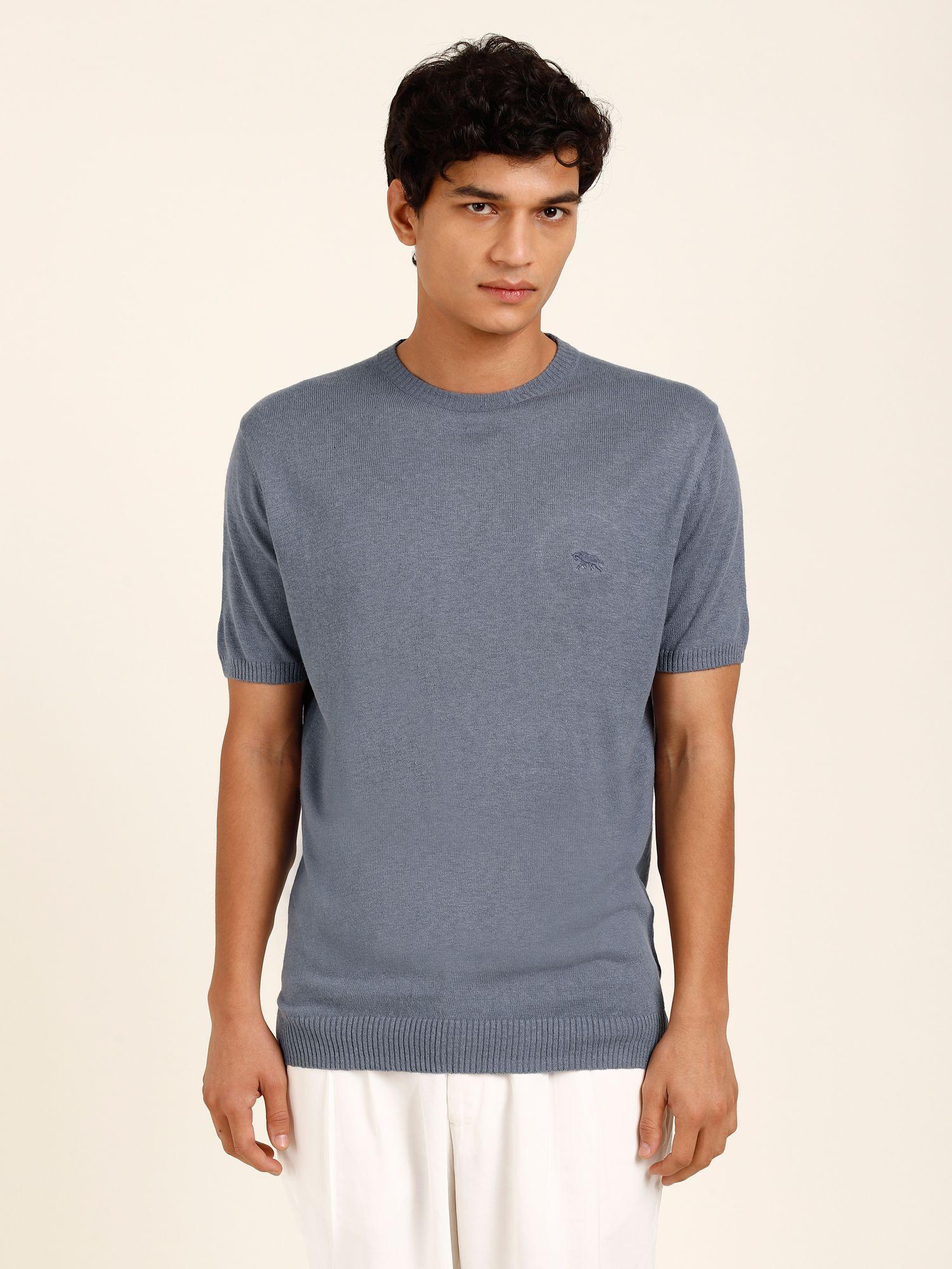 linen viscose knit navy blue crew neck t-shirt