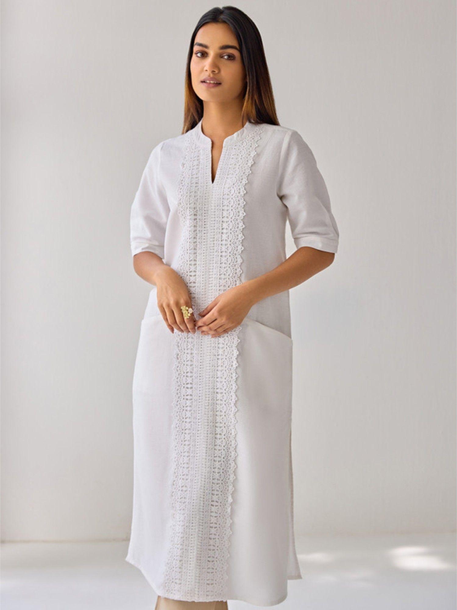 linen white lace kurta