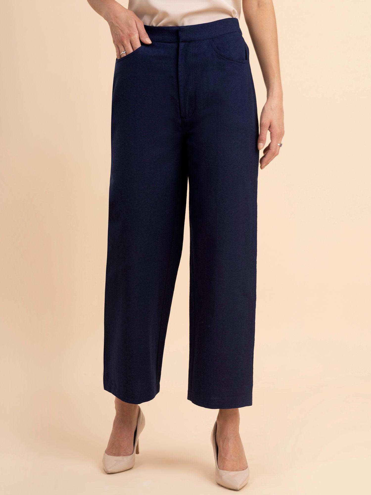 linen wide-leg trousers - navy blue