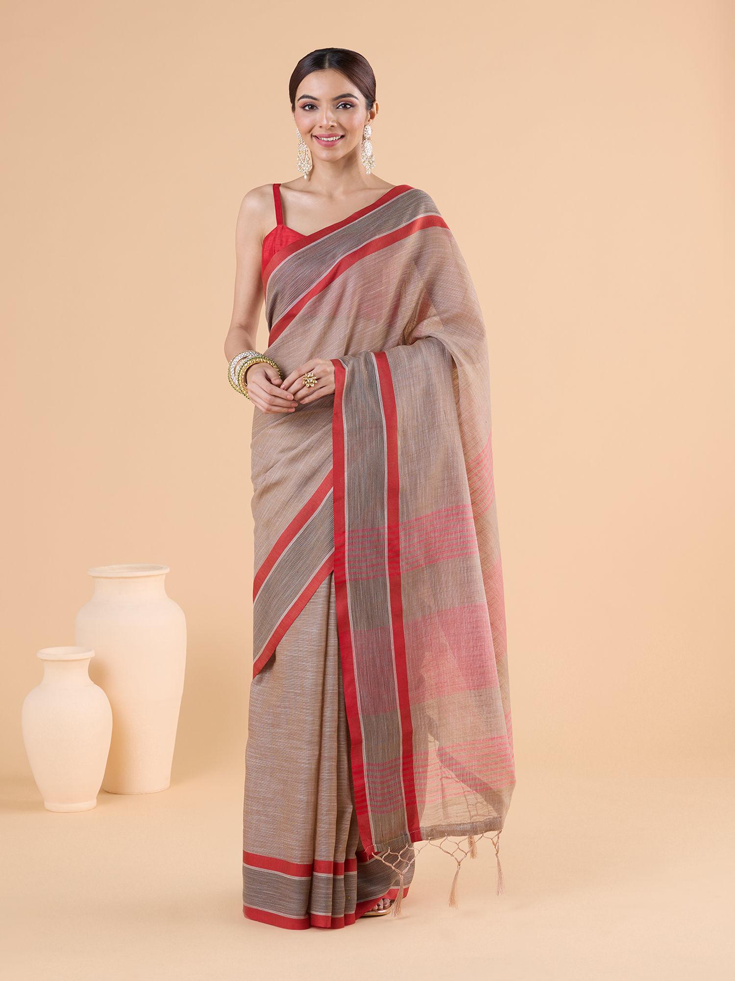 linen woven stripes border festive handloom saree with unstitched blouse