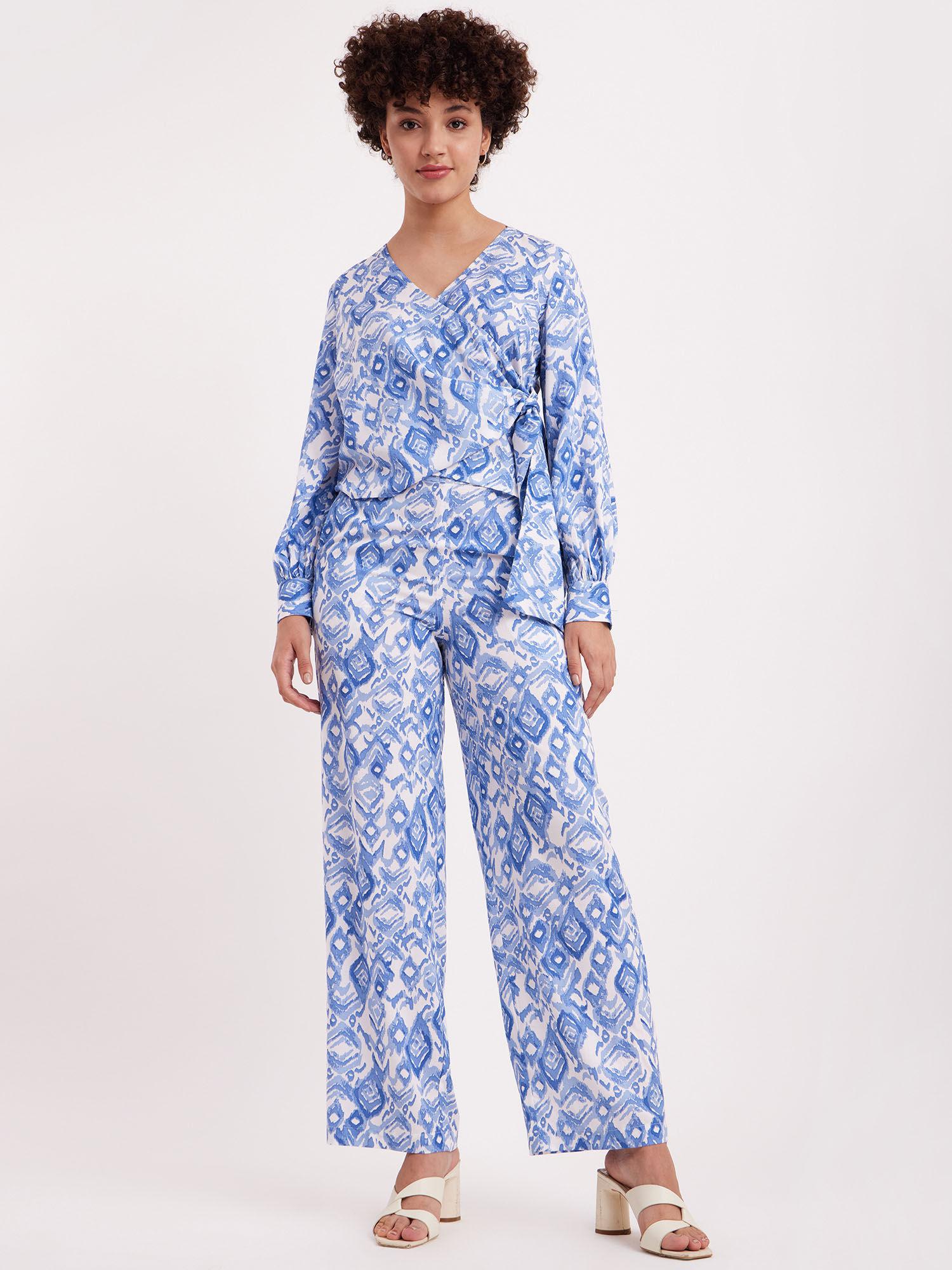 linen wrap top and trouser co-ord - white and blue (set of 2)
