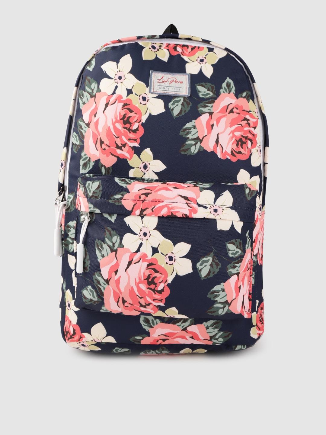 lino perros women navy blue & pink floral print laptop backpack